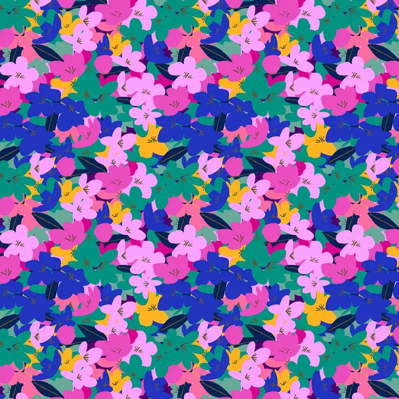 Colorful floral pattern with pink, blue, and green flowers on a multicolor background