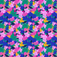 Colorful floral pattern with pink, blue, and green flowers on a multicolor background