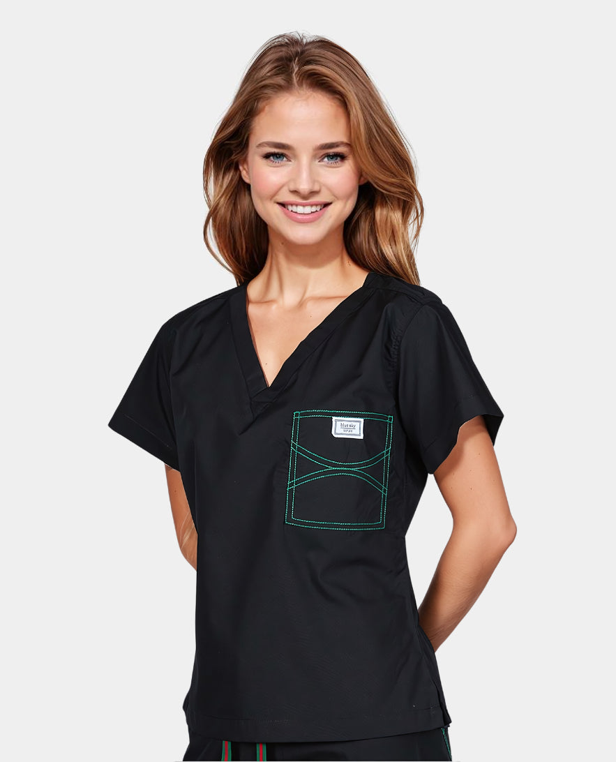 Limited Edition Shelby Scrub Tops - Black With Emerald Green Stitching