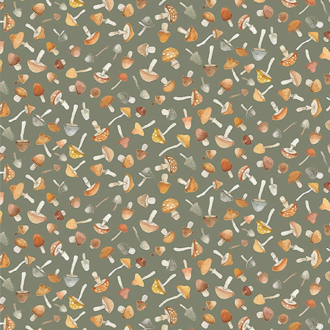 Olive green women’s scrub cap with small mushroom print in earthy tones, breathable and comfortable for healthcare professionals